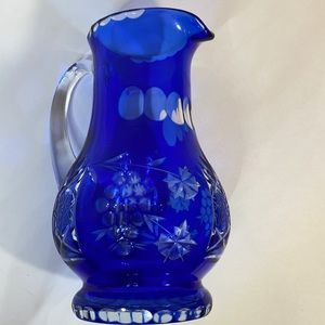 Vintage Bohemian Cobalt blue , clear cut crystal pitcher